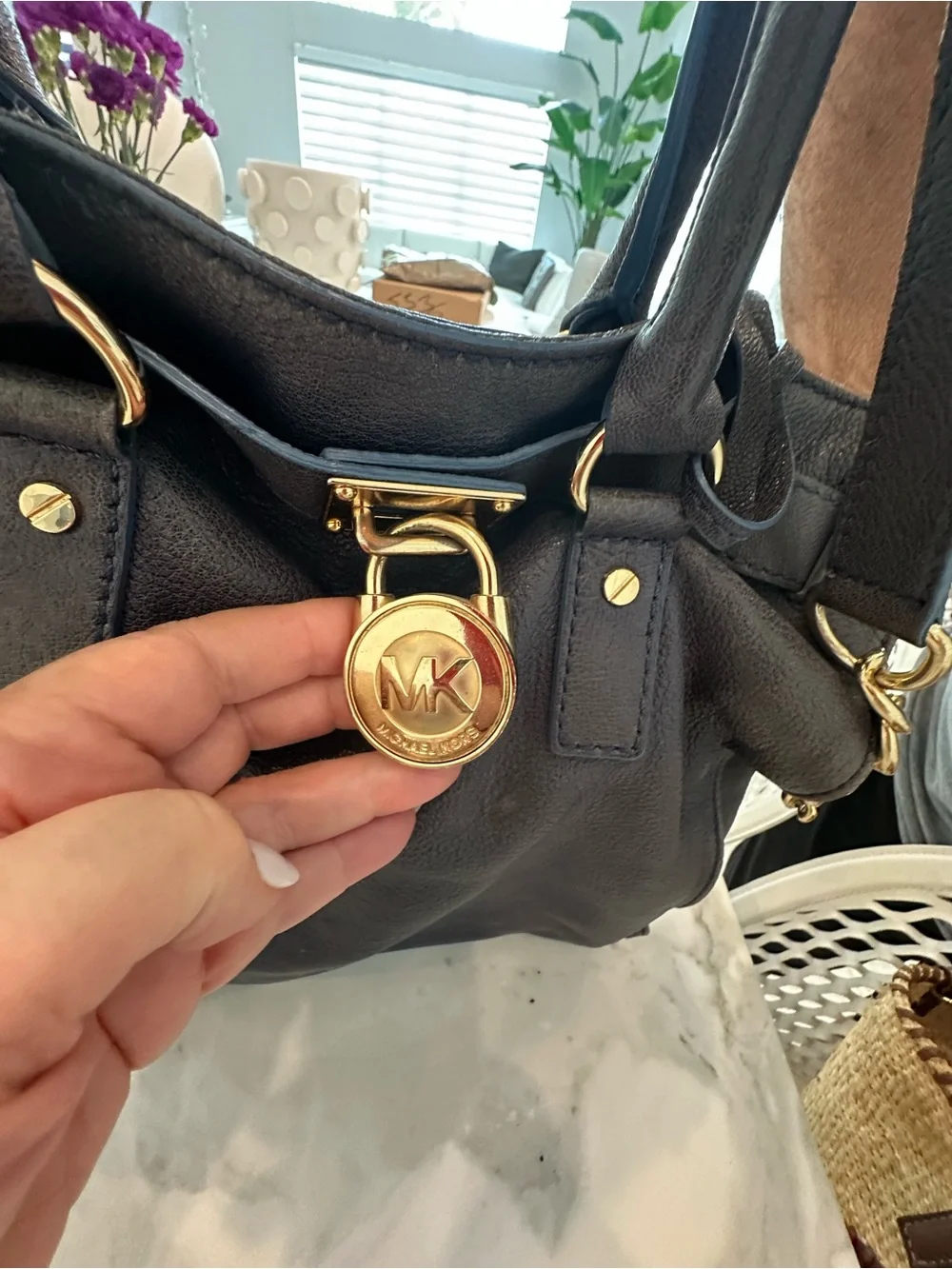 Michael Kors denim blue Leather Shoulder Tote with Gold Hardware.